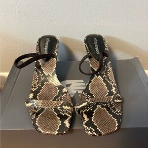 Jeffrey Campbell Black and Tan Snakeskin Slide Heels